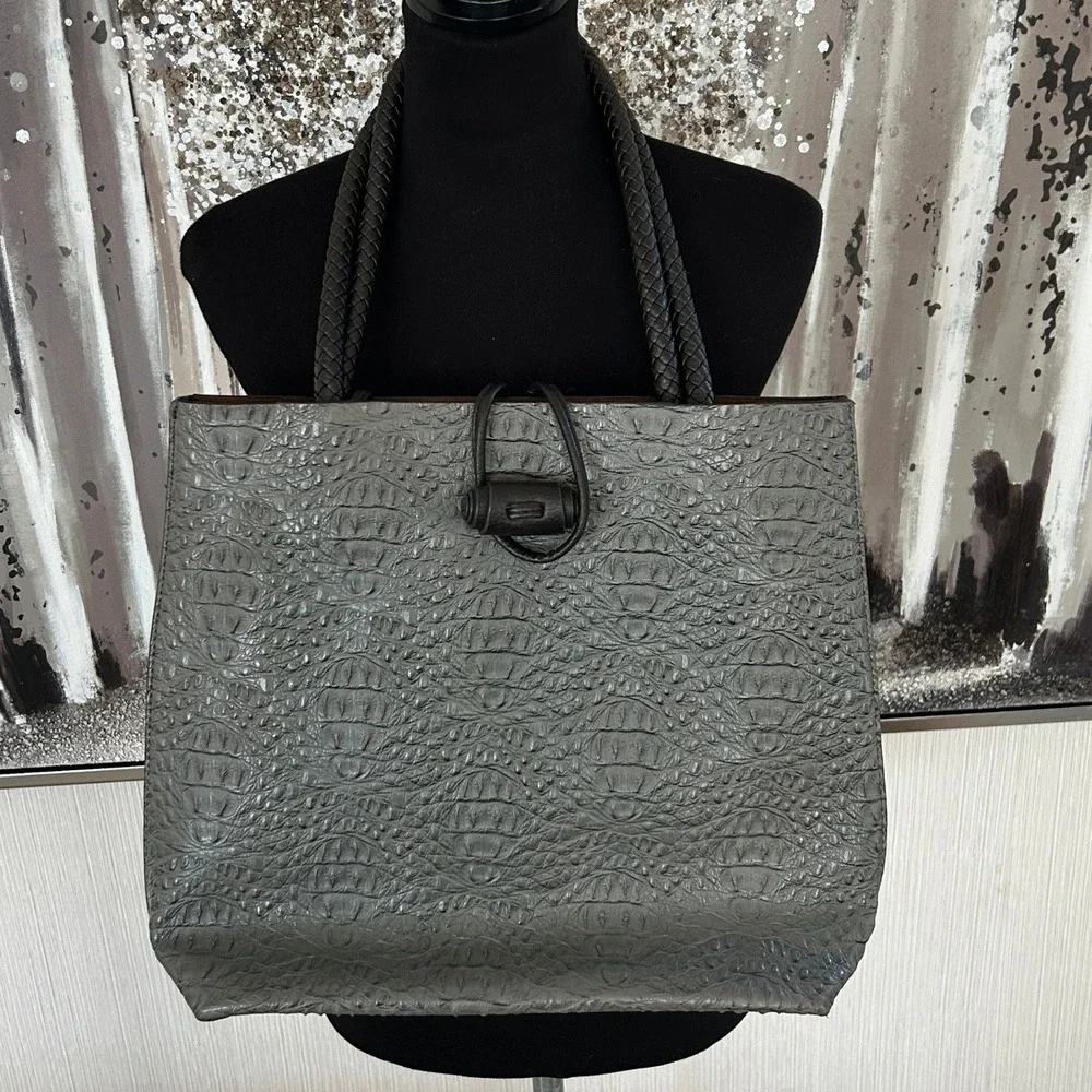 Gray Faux Crocodile-Embossed Dual Braided Top Closure Buckle Large Tote Bag